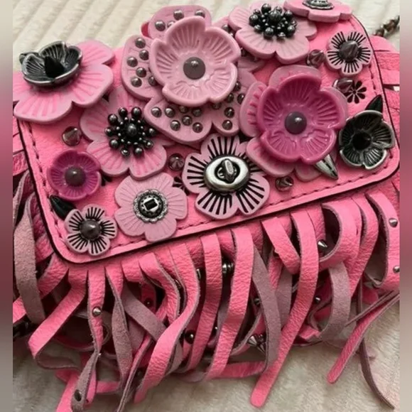 COACH PINK STUDDED WILD TEA ROSE DINKY FRINGE CROSSBODY RARE with COA - Picture 1 of 17